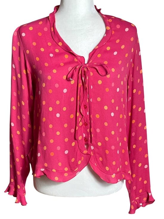 April Cornell Tops - Vtg Rare April Cornell Top Pink Polka Dot Button Ties Twee Flutter Ruffles Wm XS